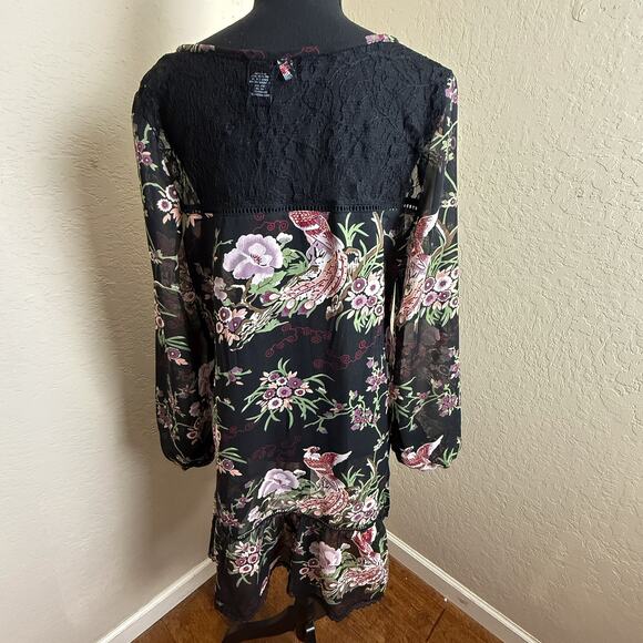 Fire Los Angeles Sheer Black Floral Bird Boho Long Sleeve Mini Dress Size 11 - Picture 3 of 8